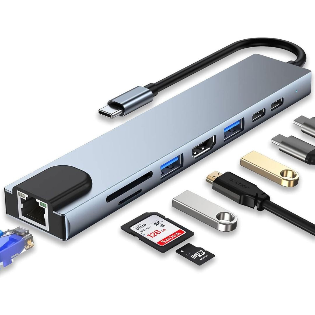 Adaptador Hub 8 en 1 USB-C – HDMI, RJ45, SD/TF, PD y Puertos USB